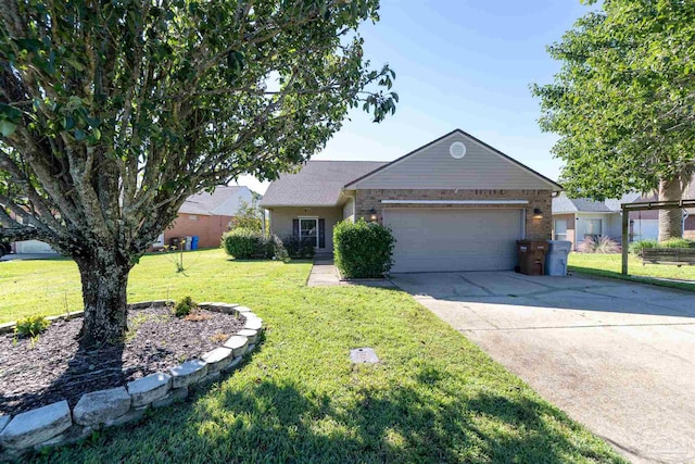 ranch-style house featuring a front lawn and a garage