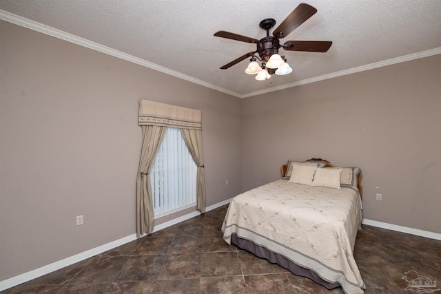 bedroom with ceiling fan, crown molding, and a textured ceiling