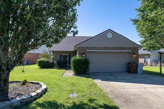 single story home featuring a front yard and a garage