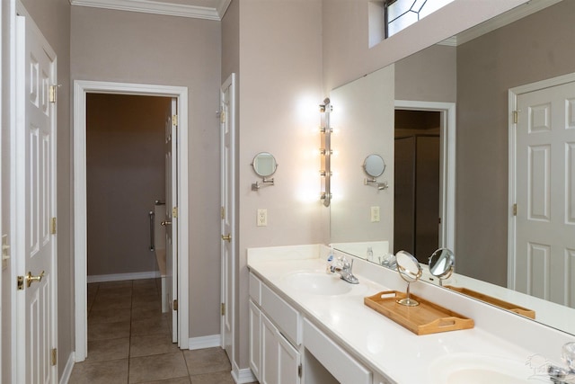 bathroom with vanity, tile patterned floors, and ornamental molding