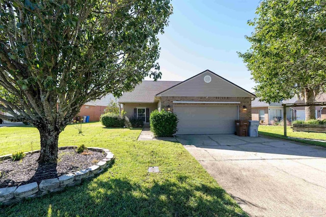 ranch-style house with a front yard and a garage