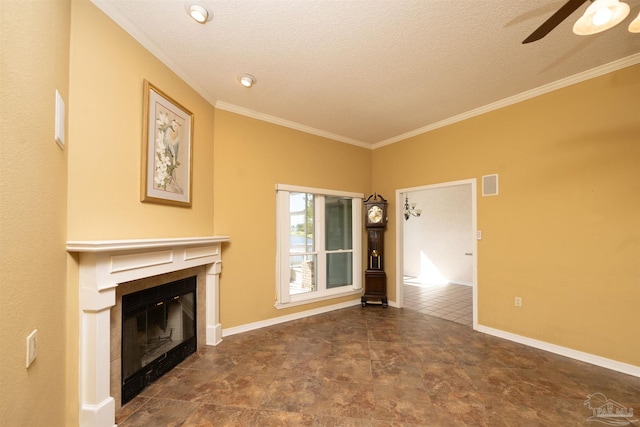 unfurnished living room featuring crown molding, a textured ceiling, and ceiling fan