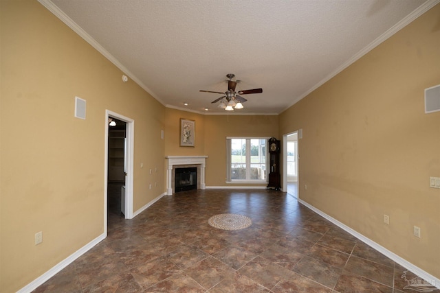 unfurnished living room featuring crown molding, a textured ceiling, and ceiling fan