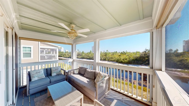 14379 Cordgrass Ln, Pensacola, FL 32507 - sunroom / solarium with an outdoor hangout area, a water view, and ceiling fan