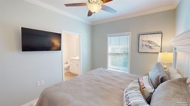 bedroom with ornamental molding, ceiling fan, ensuite bathroom, and light hardwood / wood-style flooring