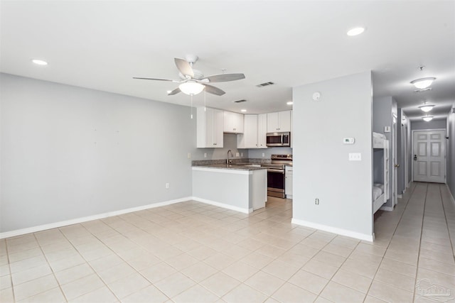 kitchen with sink, appliances with stainless steel finishes, kitchen peninsula, ceiling fan, and white cabinets