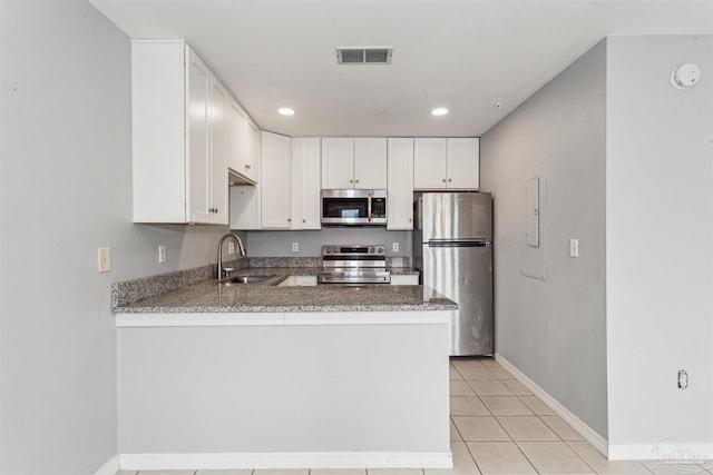 kitchen with sink, light tile patterned floors, stainless steel appliances, white cabinets, and kitchen peninsula