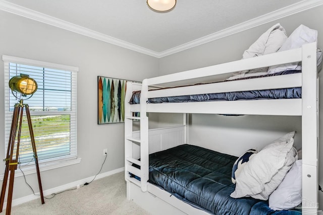 carpeted bedroom with crown molding