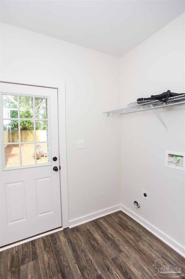 laundry area with hookup for an electric dryer, hookup for a washing machine, and dark wood-type flooring