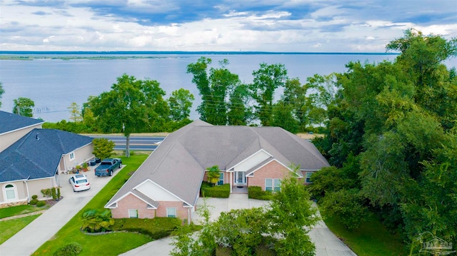 drone / aerial view featuring a water view