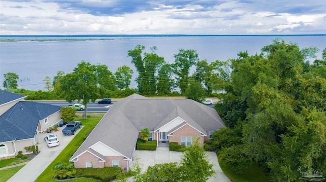 drone / aerial view featuring a water view