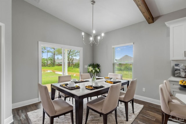 dining space with vaulted ceiling with beams, a notable chandelier, and dark hardwood / wood-style flooring