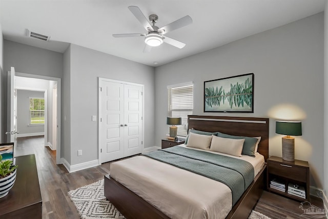 bedroom featuring ceiling fan, dark hardwood / wood-style flooring, and a closet