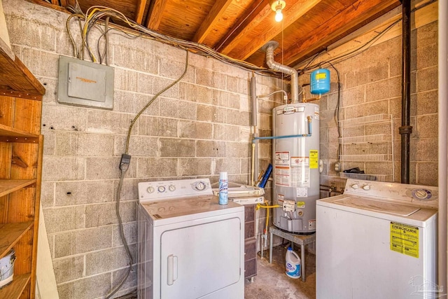 washroom with washing machine and clothes dryer, laundry area, and water heater