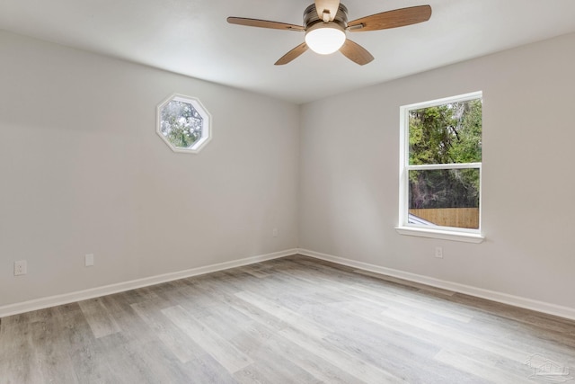 empty room with ceiling fan and light hardwood / wood-style flooring