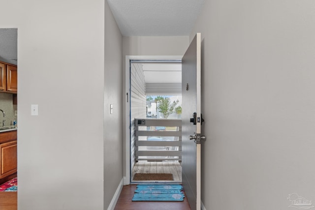 doorway with a sink, a textured ceiling, baseboards, and wood finished floors