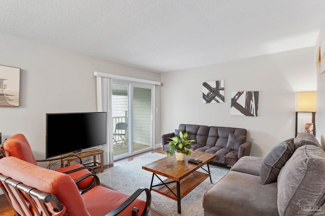 living room with a textured ceiling and wood finished floors