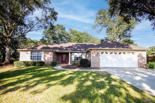 ranch-style home featuring an attached garage, brick siding, concrete driveway, and a front lawn