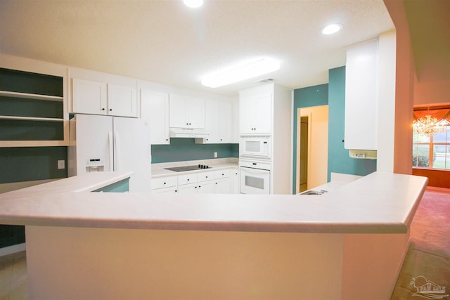 kitchen with white appliances, white cabinets, under cabinet range hood, light countertops, and a peninsula
