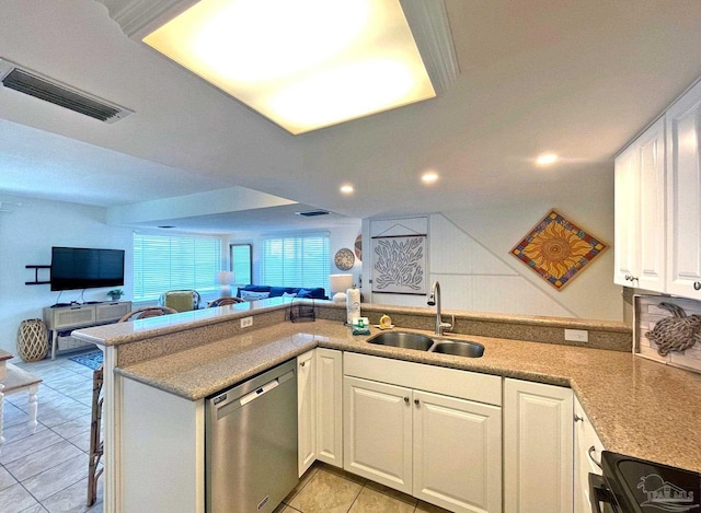 kitchen with white cabinetry, sink, kitchen peninsula, and stainless steel dishwasher