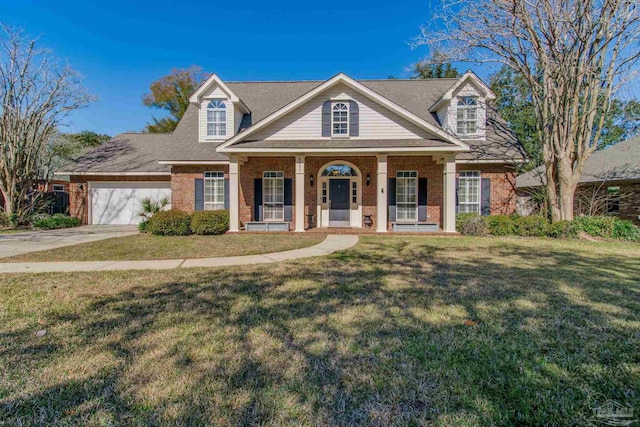 view of front of property featuring driveway, a garage, a porch, a front lawn, and brick siding