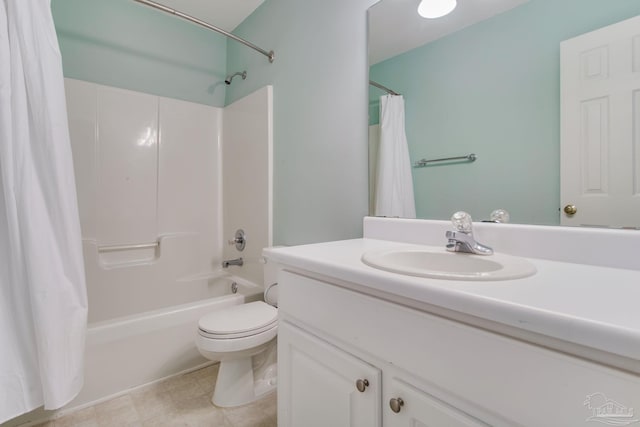 bathroom with shower / bath combo, vanity, and toilet