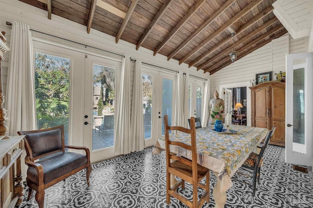 sunroom featuring wood ceiling, french doors, and lofted ceiling with beams