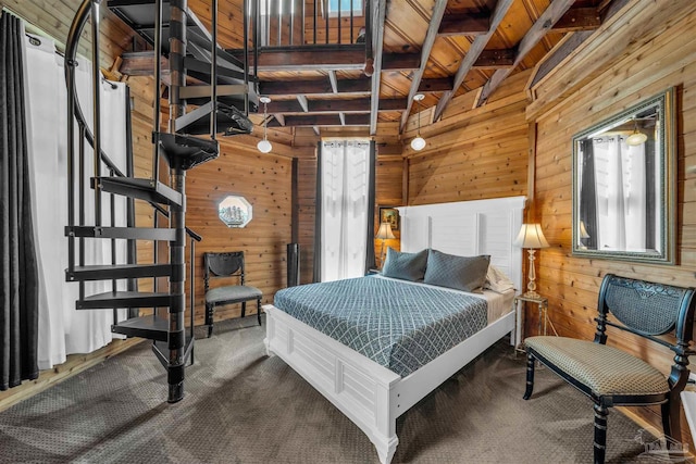 unfurnished bedroom featuring wood walls, beamed ceiling, and carpet