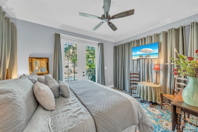 bedroom featuring access to outside, ceiling fan, crown molding, and french doors