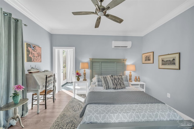 bedroom featuring light wood-type flooring, ornamental molding, access to outside, ceiling fan, and an AC wall unit