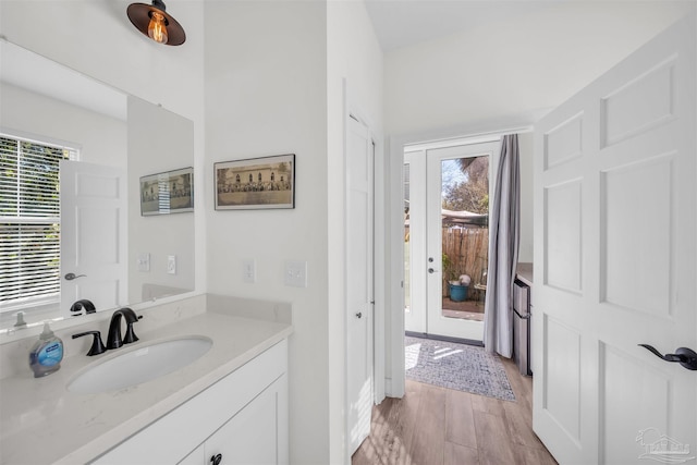 bathroom featuring hardwood / wood-style floors, plenty of natural light, and vanity