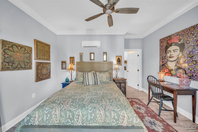 bedroom featuring hardwood / wood-style flooring, an AC wall unit, ceiling fan, and ornamental molding