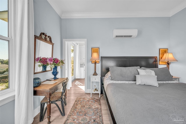 bedroom featuring hardwood / wood-style flooring, crown molding, and a wall mounted AC