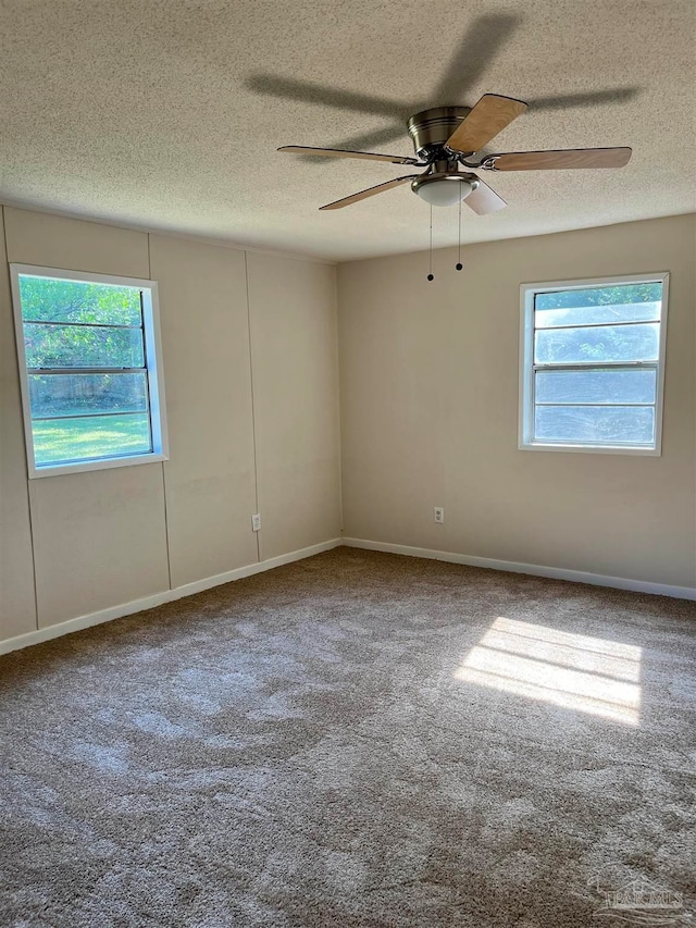 spare room featuring a textured ceiling, a healthy amount of sunlight, carpet, and ceiling fan