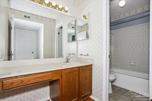 full bathroom with wallpapered walls, visible vents, toilet, and vanity