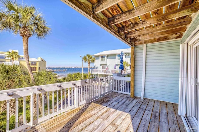 deck featuring a water view