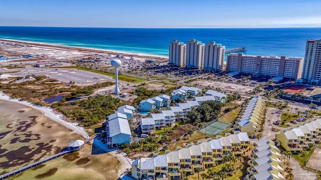 bird's eye view with a view of the beach and a water view