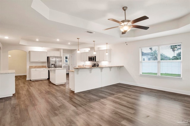 kitchen featuring dark hardwood / wood-style floors, pendant lighting, a tray ceiling, white cabinets, and appliances with stainless steel finishes