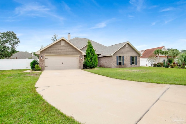 single story home featuring a front lawn and a garage