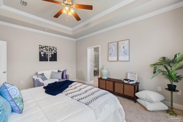 1777 Waterford Sound Blvd, Gulf Breeze, FL 32563 - bedroom with crown molding, a tray ceiling, light carpet, ensuite bathroom, and a ceiling fan