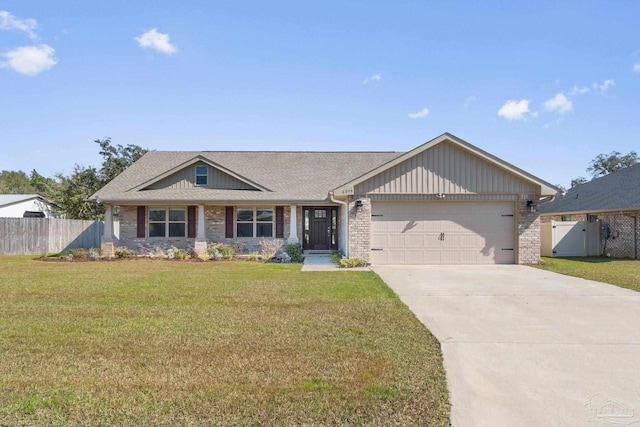 ranch-style home featuring a front yard, brick siding, and fence