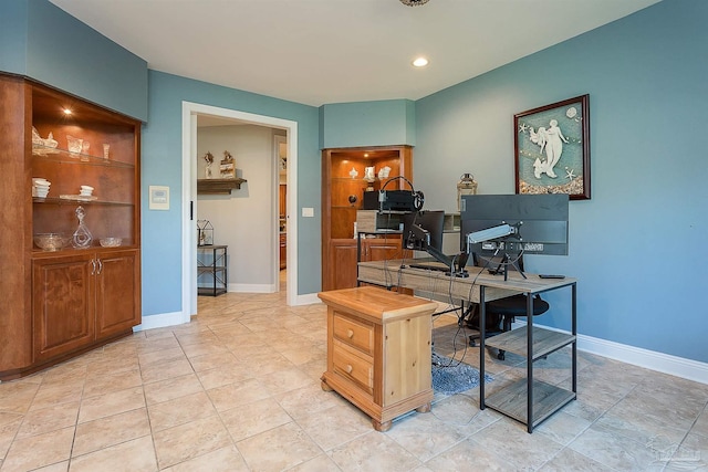 home office with light tile patterned floors