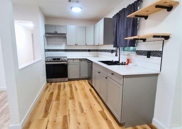 kitchen featuring sink, gray cabinetry, appliances with stainless steel finishes, light hardwood / wood-style floors, and backsplash