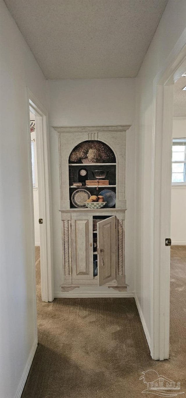 hallway featuring carpet floors and a textured ceiling