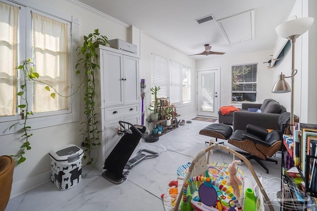 interior space featuring ceiling fan