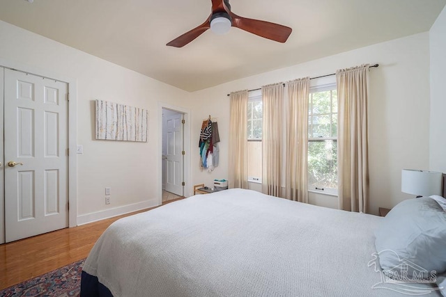 bedroom with hardwood / wood-style floors and ceiling fan