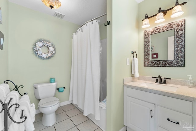 bathroom featuring a textured ceiling, walk in shower, toilet, vanity, and tile patterned floors