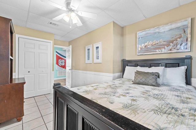 1113 Via Deluna Dr, Pensacola Beach, FL 32561 - bedroom with a wainscoted wall, a ceiling fan, light tile patterned flooring, and visible vents