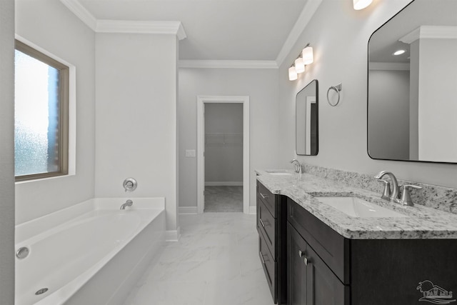 6621 Rocky Shores Rd, Milton, FL 32583 - bathroom with marble look tiles, ornamental molding, double vanity, a bath, and plenty of natural light