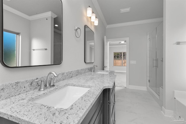 6621 Rocky Shores Rd, Milton, FL 32583 - full bathroom featuring marble look tile flooring, double vanity, a stall shower, ornamental molding, and a bathtub